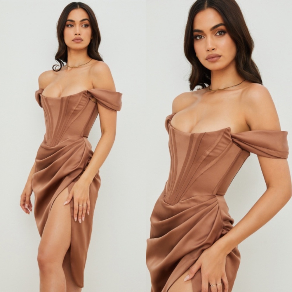 House of CB Toffee Loretta Dress brown corset satin dress boned size XS NWOT